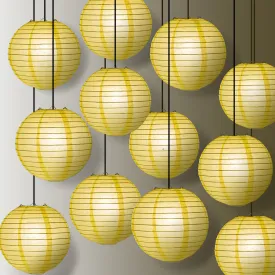 12 PACK | Yellow Even Ribbing Round Paper Lantern, Hanging Combo Set