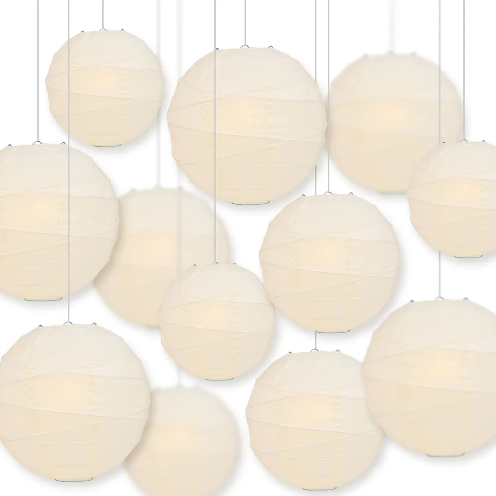 12-PC Beige / Ivory Paper Lantern Chinese Hanging Wedding & Party Assorted Decoration Set, 12/10/8-Inch