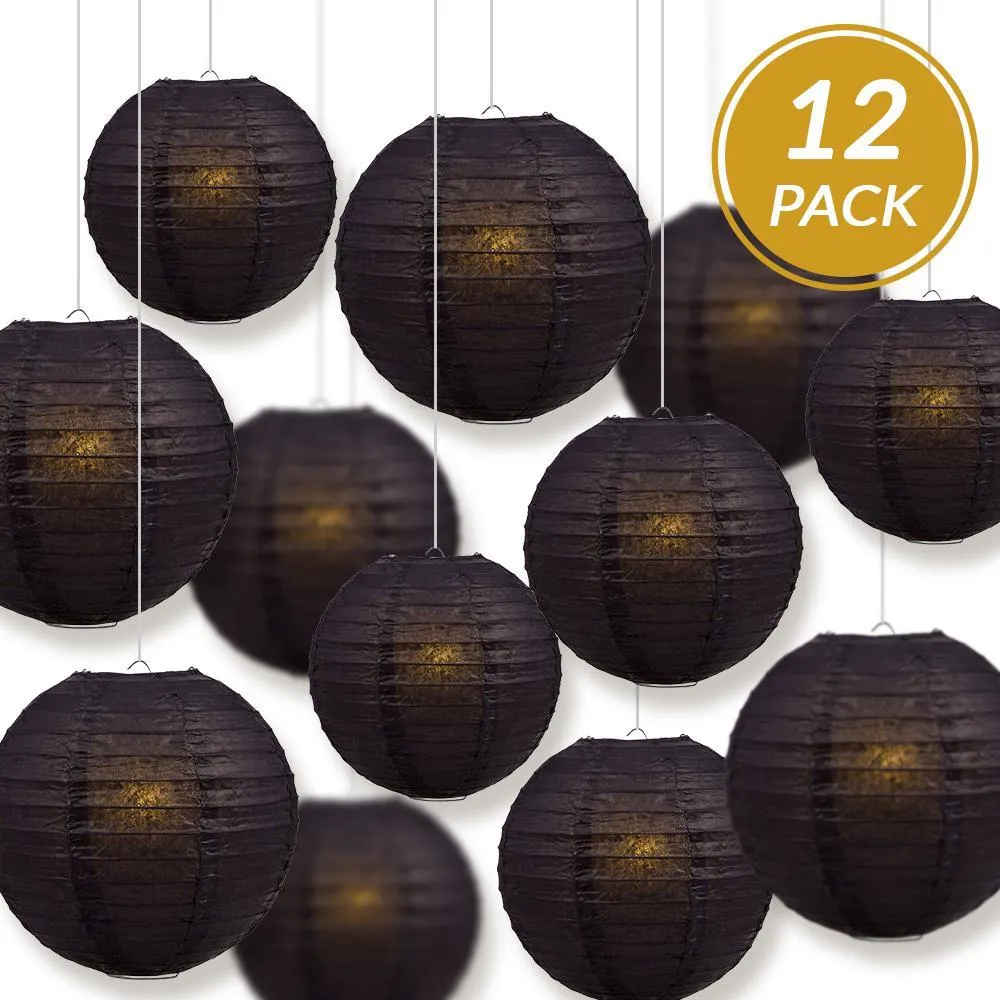 12-PC Black Paper Lantern Chinese Hanging Wedding & Party Assorted Decoration Set, 12/10/8-Inch