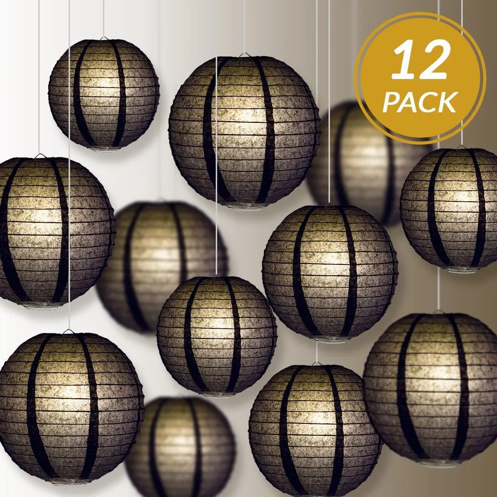 12-PC Black Paper Lantern Chinese Hanging Wedding & Party Assorted Decoration Set, 12/10/8-Inch