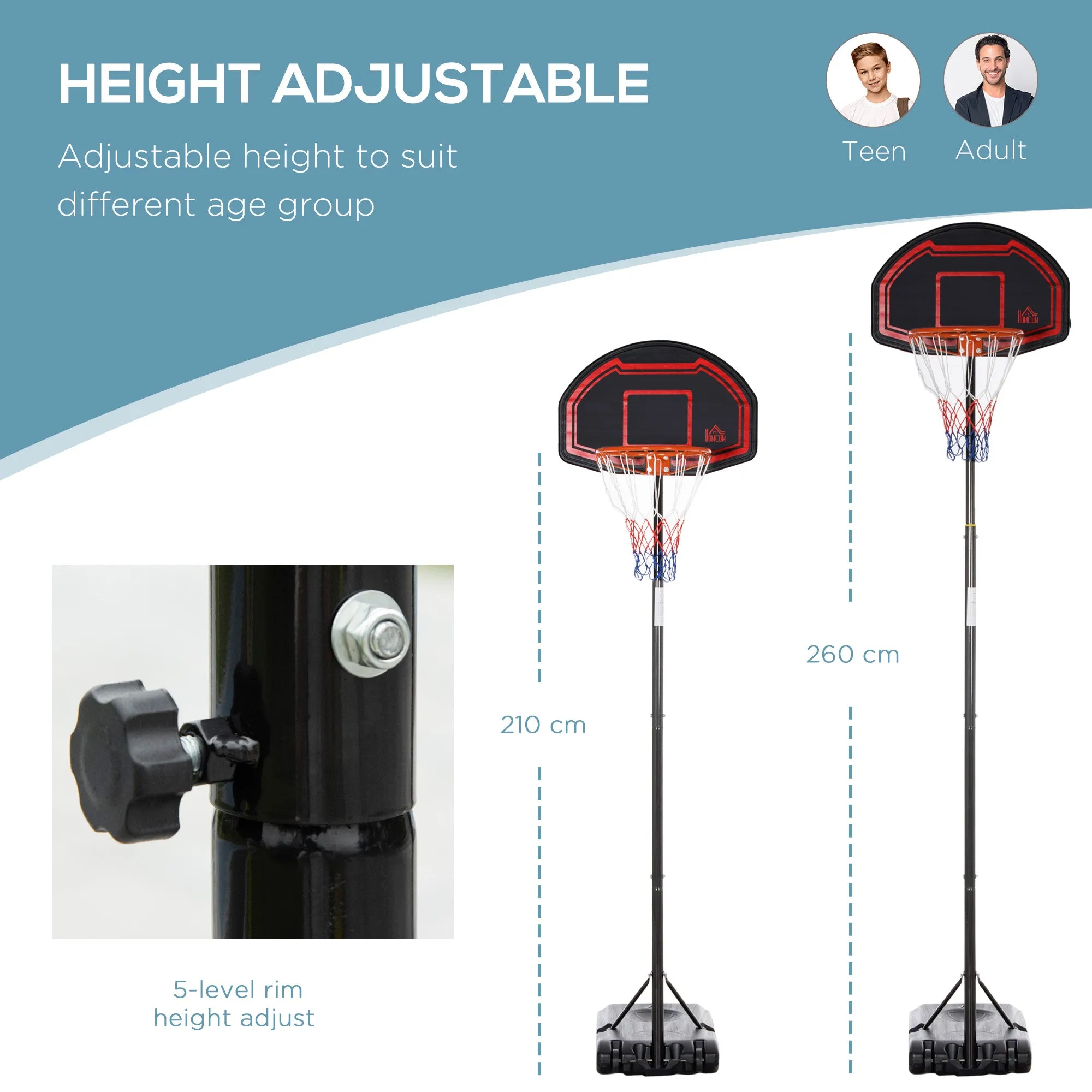 Adjustable Basketball Hoop Stand, with Wheels and Stable Base