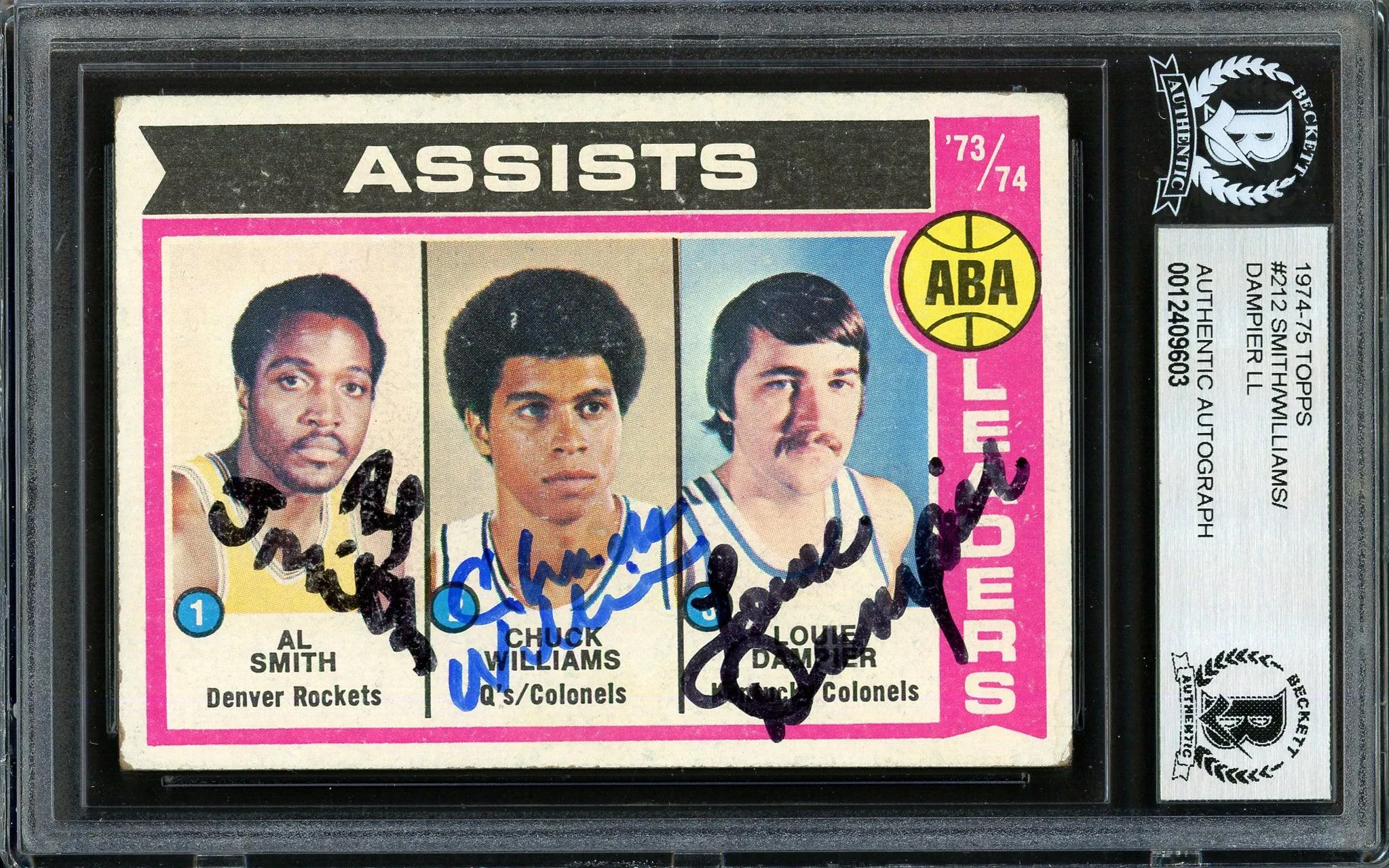 Al Smith, Chuck Williams & Louie Dampier Autographed 1974-75 Topps Card #212 Beckett BAS #12409603