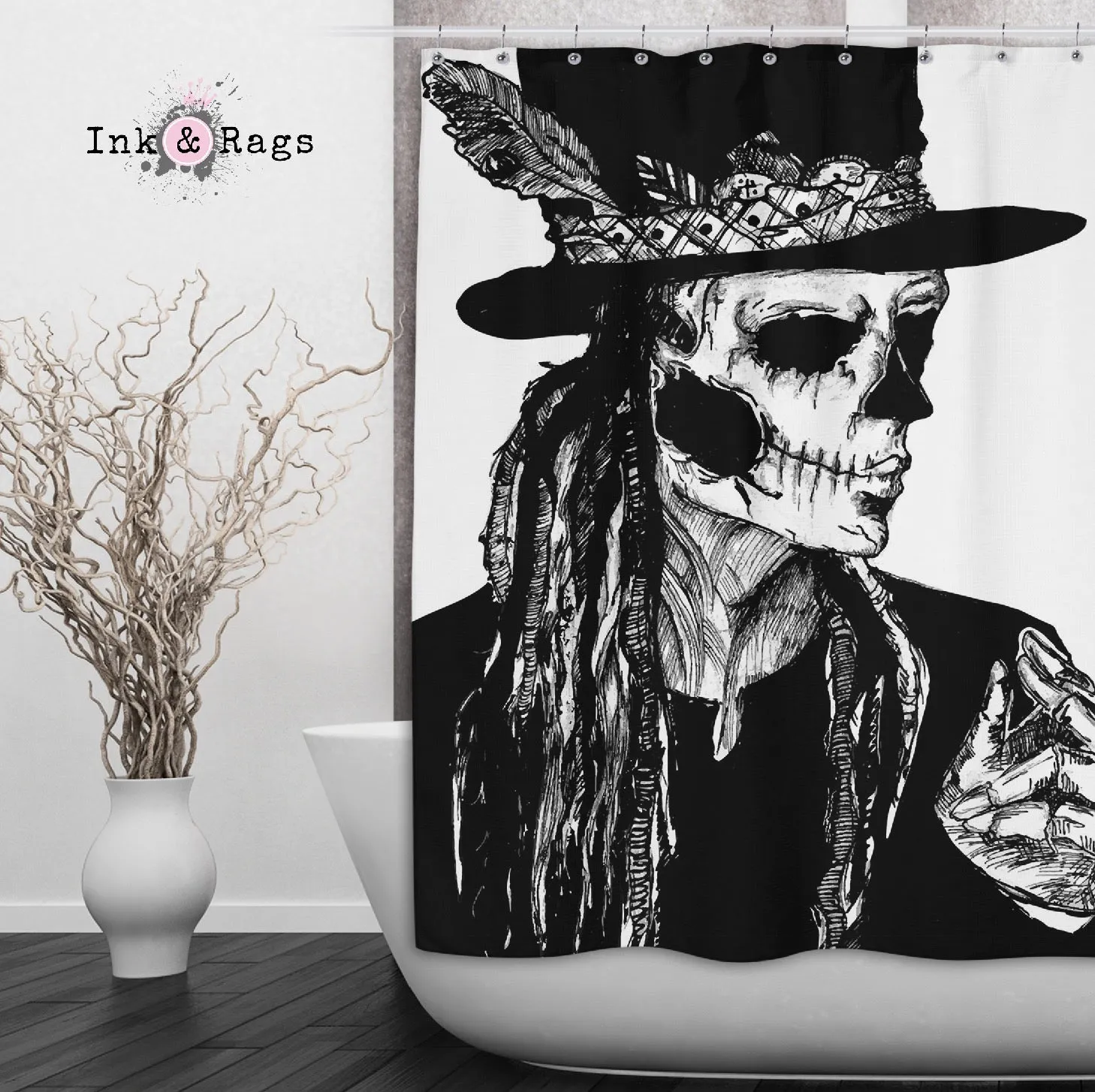 Baron Samedi Hand Drawn Voodoo Shower Curtains and Optional Bath Mats