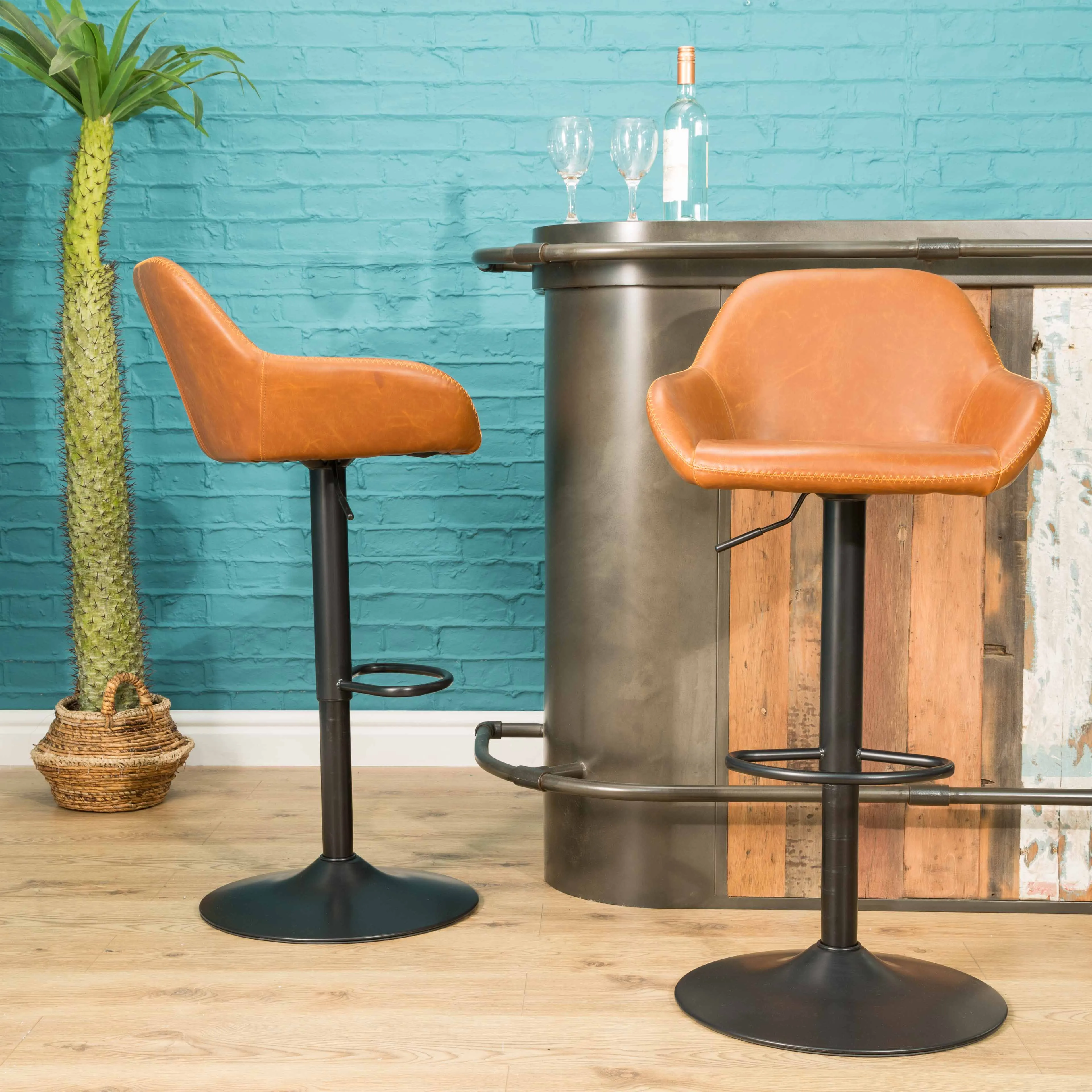 Baxter Tan Brown Gas Lift Set of Two Kitchen Bar Stools