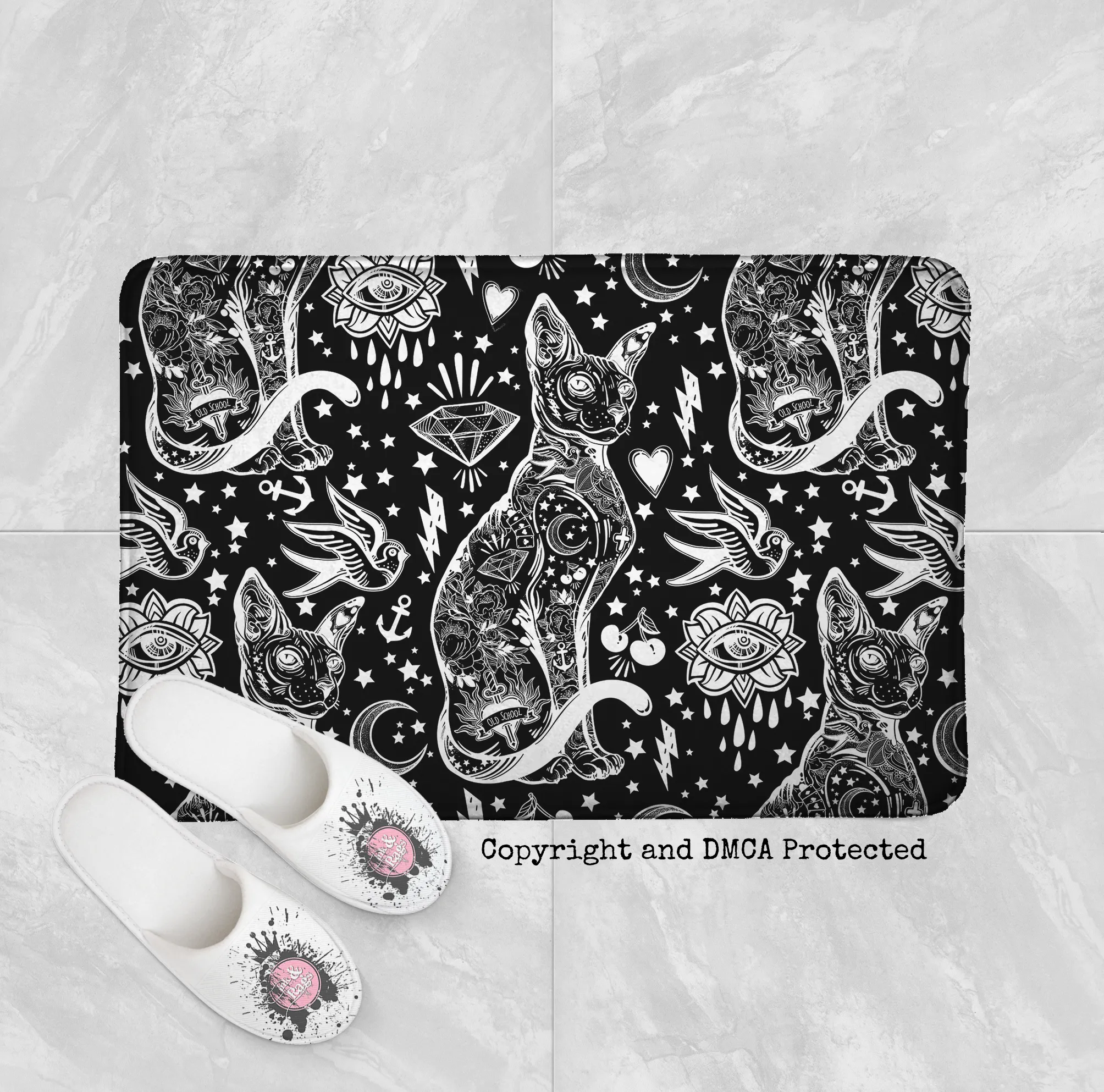 Black and White Old School Tattoo Sphynx Cat Shower Curtains and Optional Bath Mats