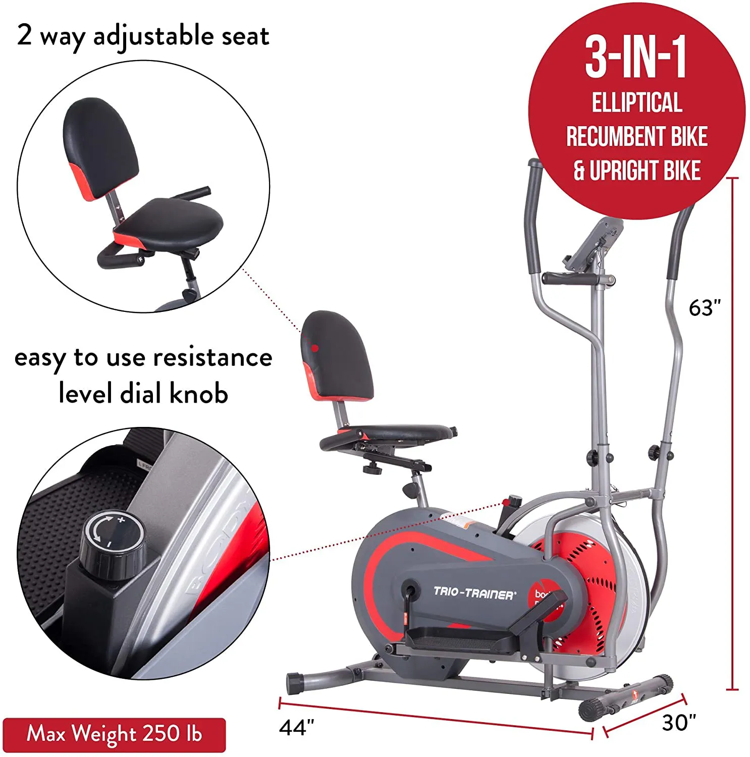 Enhanced Body Power 3-in-1 Trio Trainer: Elliptical, Upright & Recumbent Exercise Bike - BRT5088 (Gray, Silver, Red)