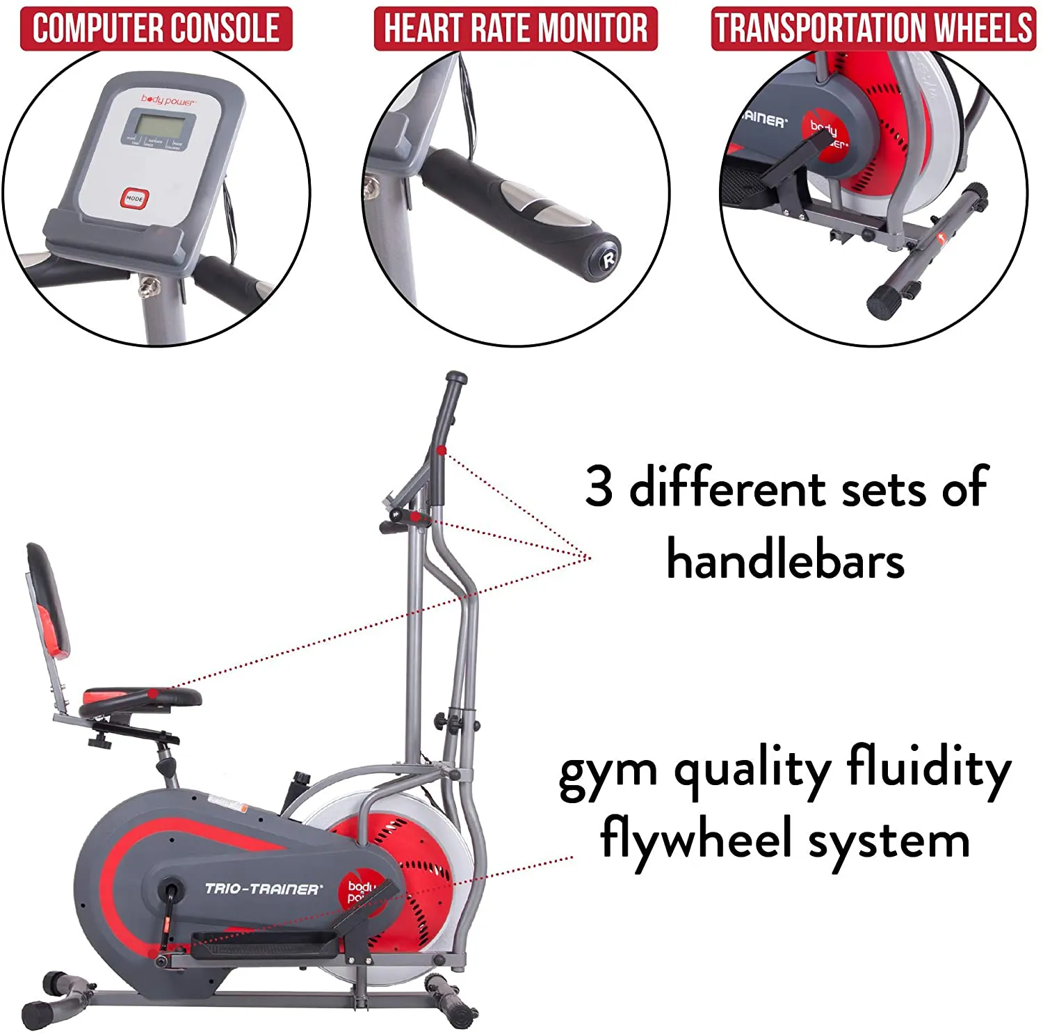 Enhanced Body Power 3-in-1 Trio Trainer: Elliptical, Upright & Recumbent Exercise Bike - BRT5088 (Gray, Silver, Red)