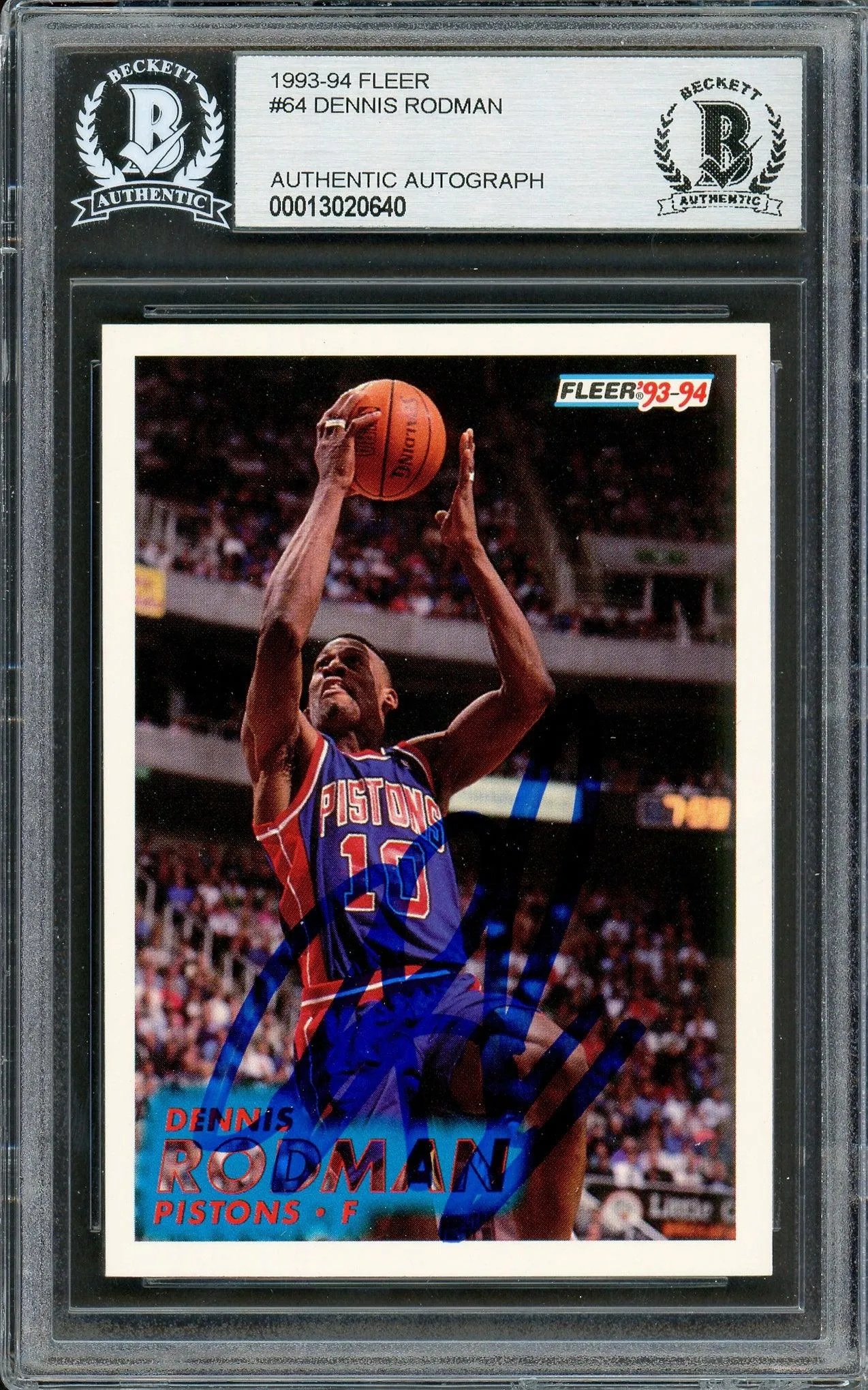 Dennis Rodman Autographed 1993-94 Fleer Card #64 Detroit Pistons Beckett BAS #13060640