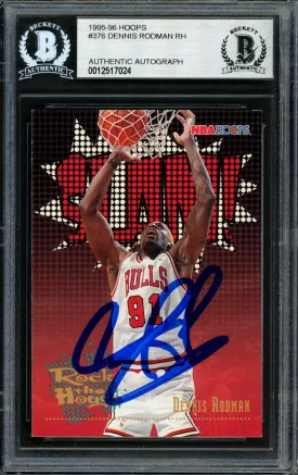 Dennis Rodman Autographed 1995-96 Hoops Card #376 Chicago Bulls Beckett BAS #12517024