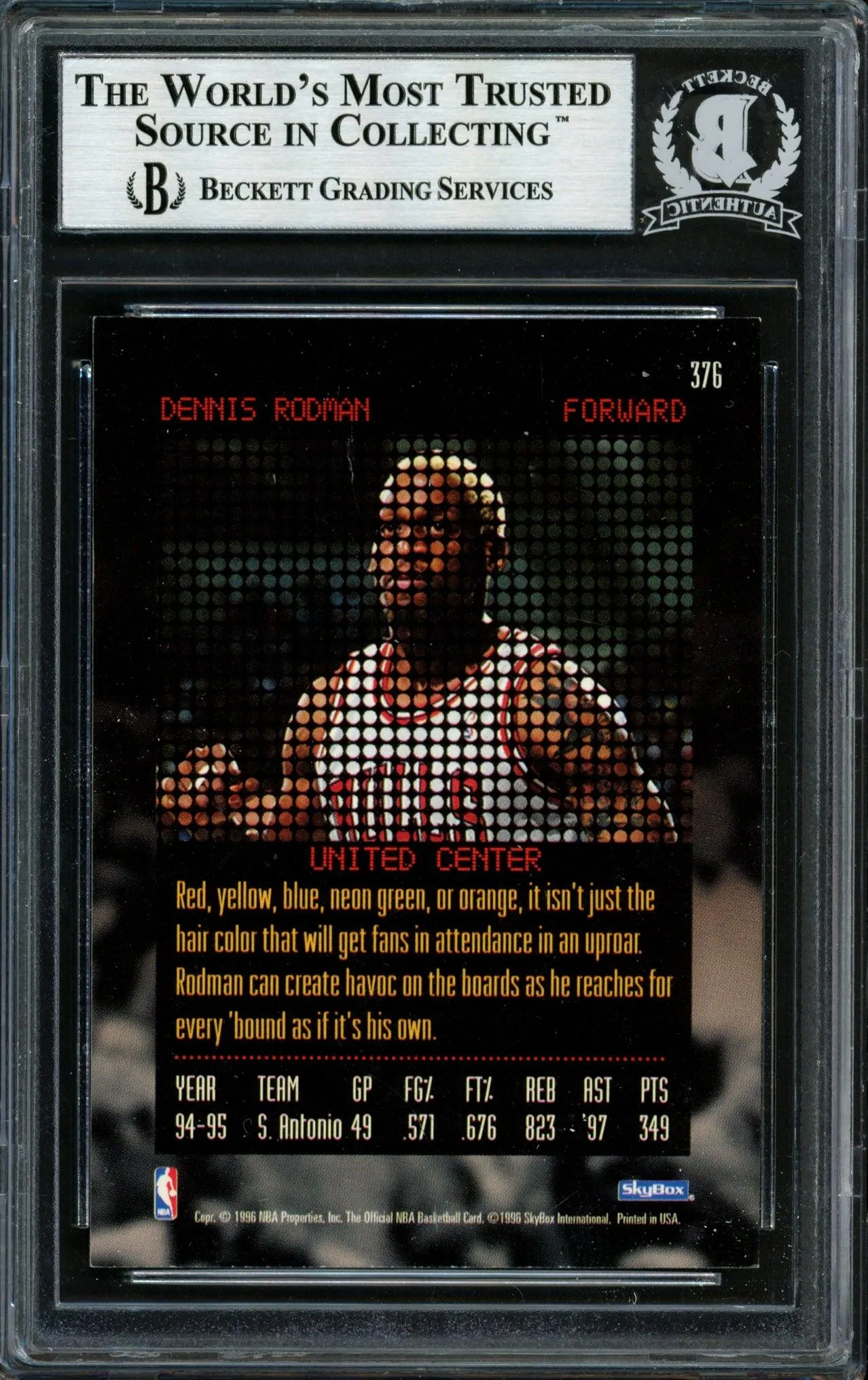 Dennis Rodman Autographed 1995-96 Hoops Card #376 Chicago Bulls Beckett BAS #12517024