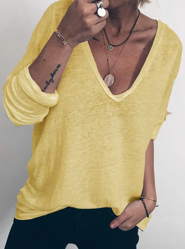 Fashion casual loose long sleeve V-neck printed T-shirt