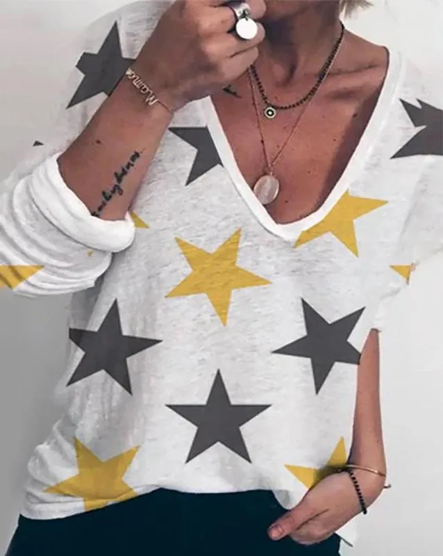 Fashion casual loose long sleeve V-neck printed T-shirt