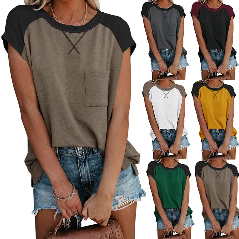 Fashion color matching raglan sleeves cross pocket short sleeve round neck T-shirt