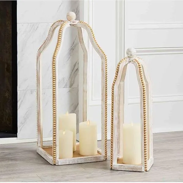 Gold Beaded Wood Lantern