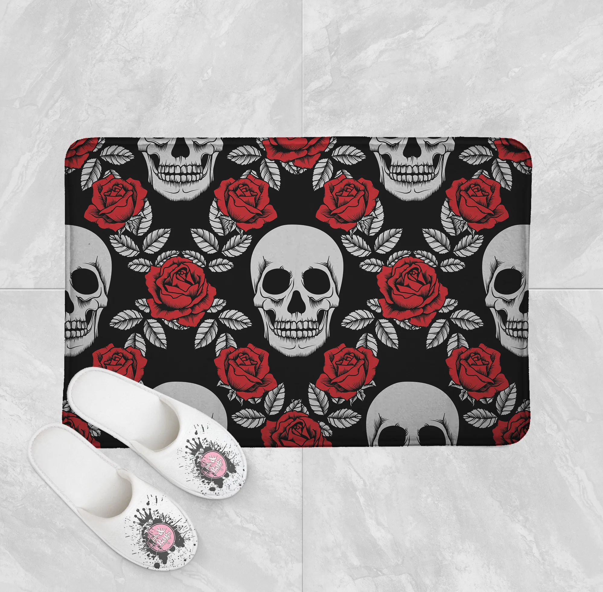 Harlequin Red Rose Grey Skull Shower Curtains and Optional Bath Mats