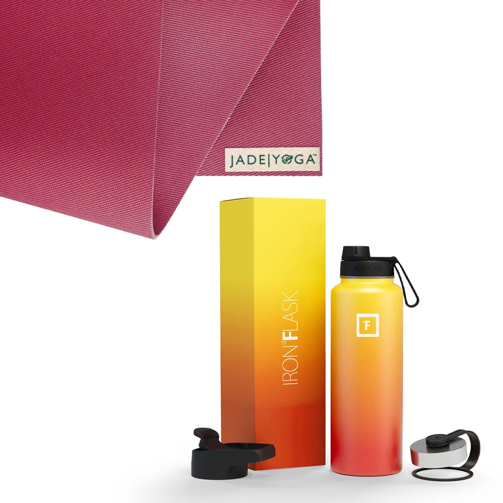 Jade Yoga Harmony Mat - Raspberry & Iron Flask Wide Mouth Bottle with Spout Lid, Fire, 32oz/950ml Bundle