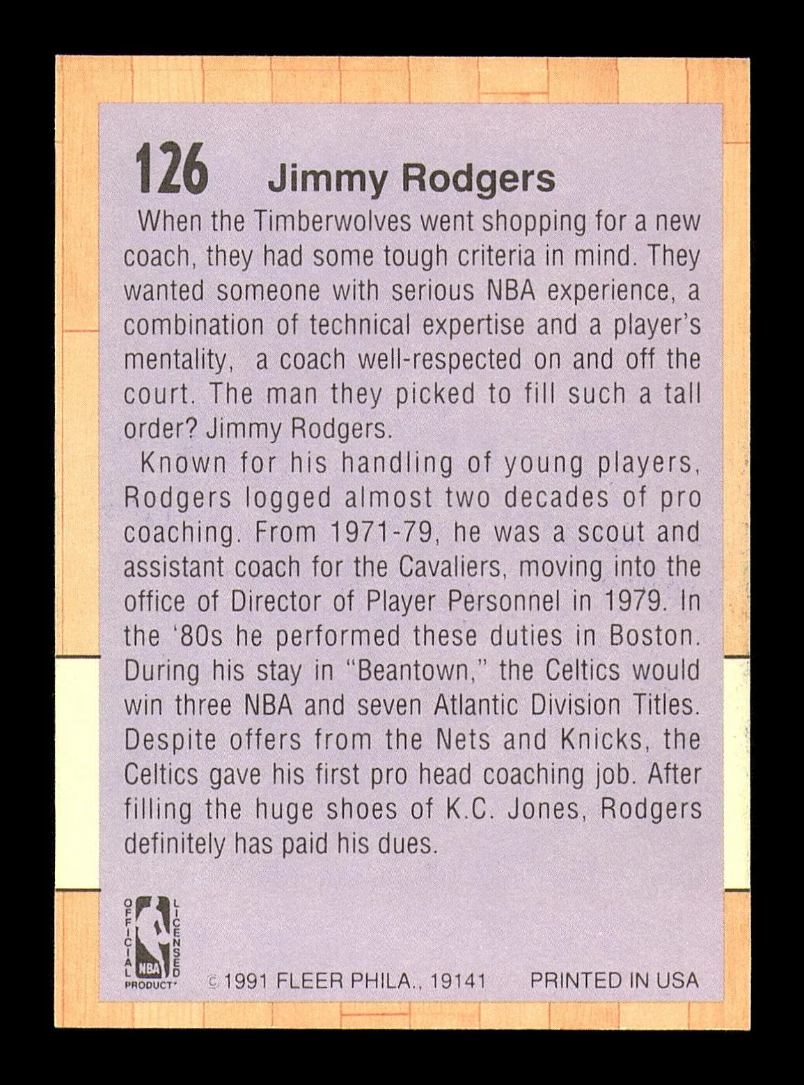 Jimmy Rodgers Autographed 1991-92 Fleer Card #126 Minnesota Timberwolves SKU #183317