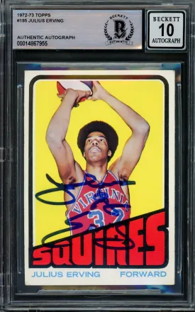 Julius Dr. J Erving Autographed 1972-73 Topps Rookie Card #195 Virginia Squires Auto Grade Gem Mint 10 Beckett BAS #14867955