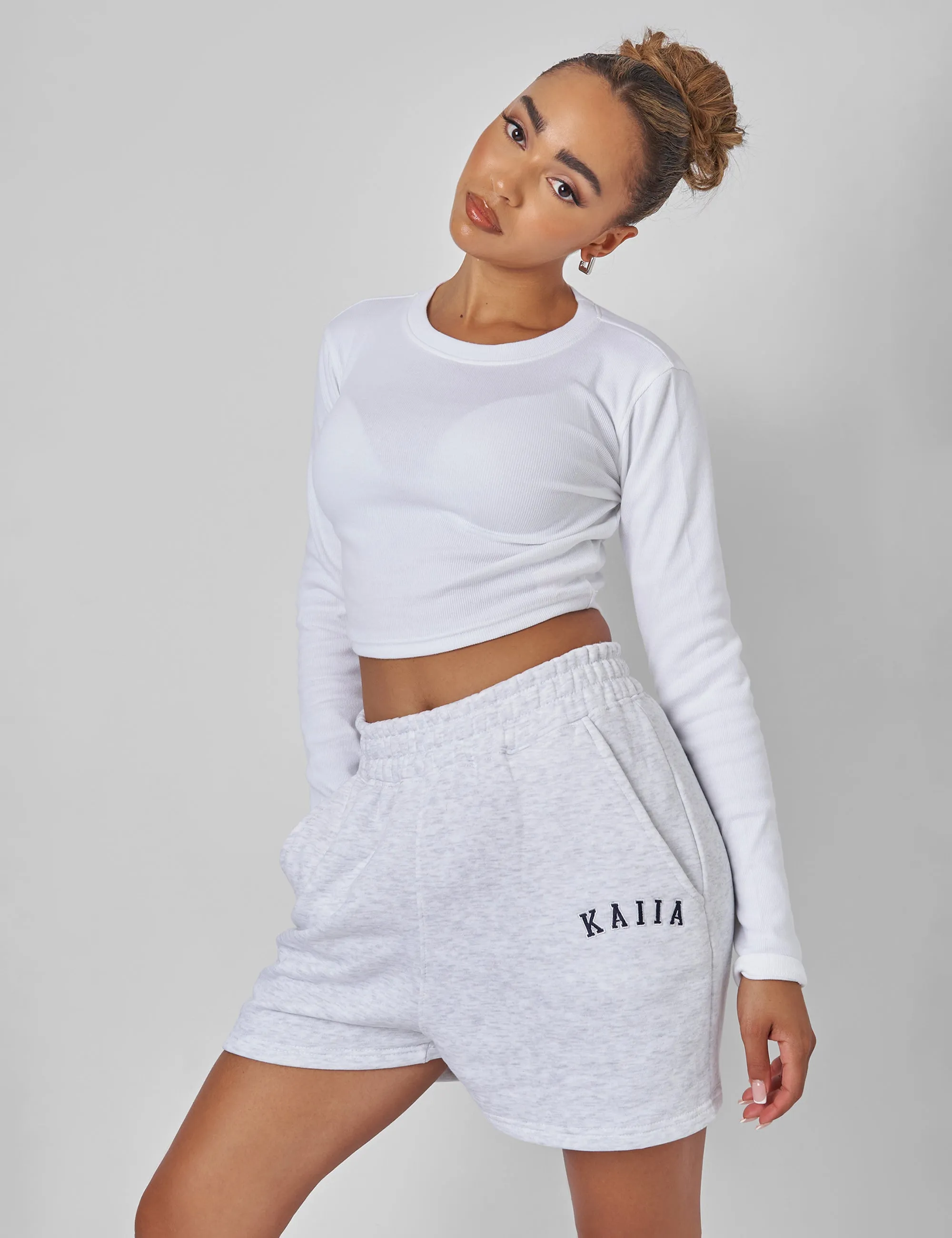 Kaiia Sweat Logo Shorts In Grey Marl