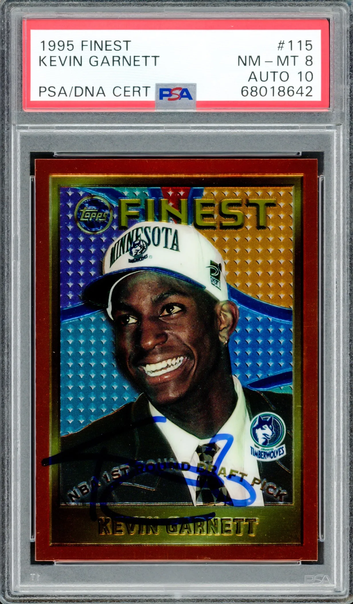 Kevin Garnett Autographed 1995 Topps Finest Rookie Card #115 Minnesota Timberwolves PSA 8 Auto Grade Gem Mint 10 PSA/DNA Stock #211157