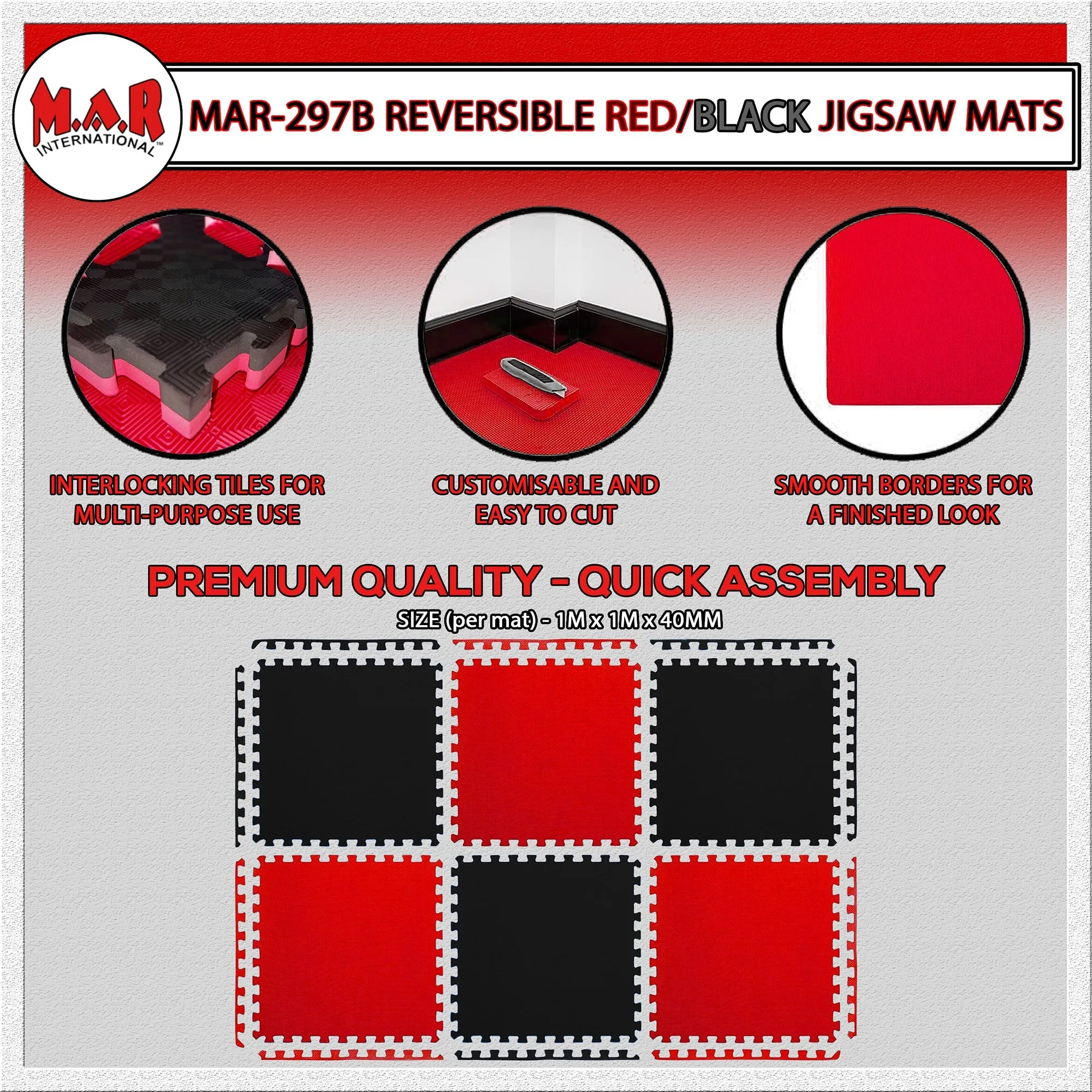 MAR-297B | Red/Black Jigsaw Floor Mats (40mm [1m x 1m] Square)