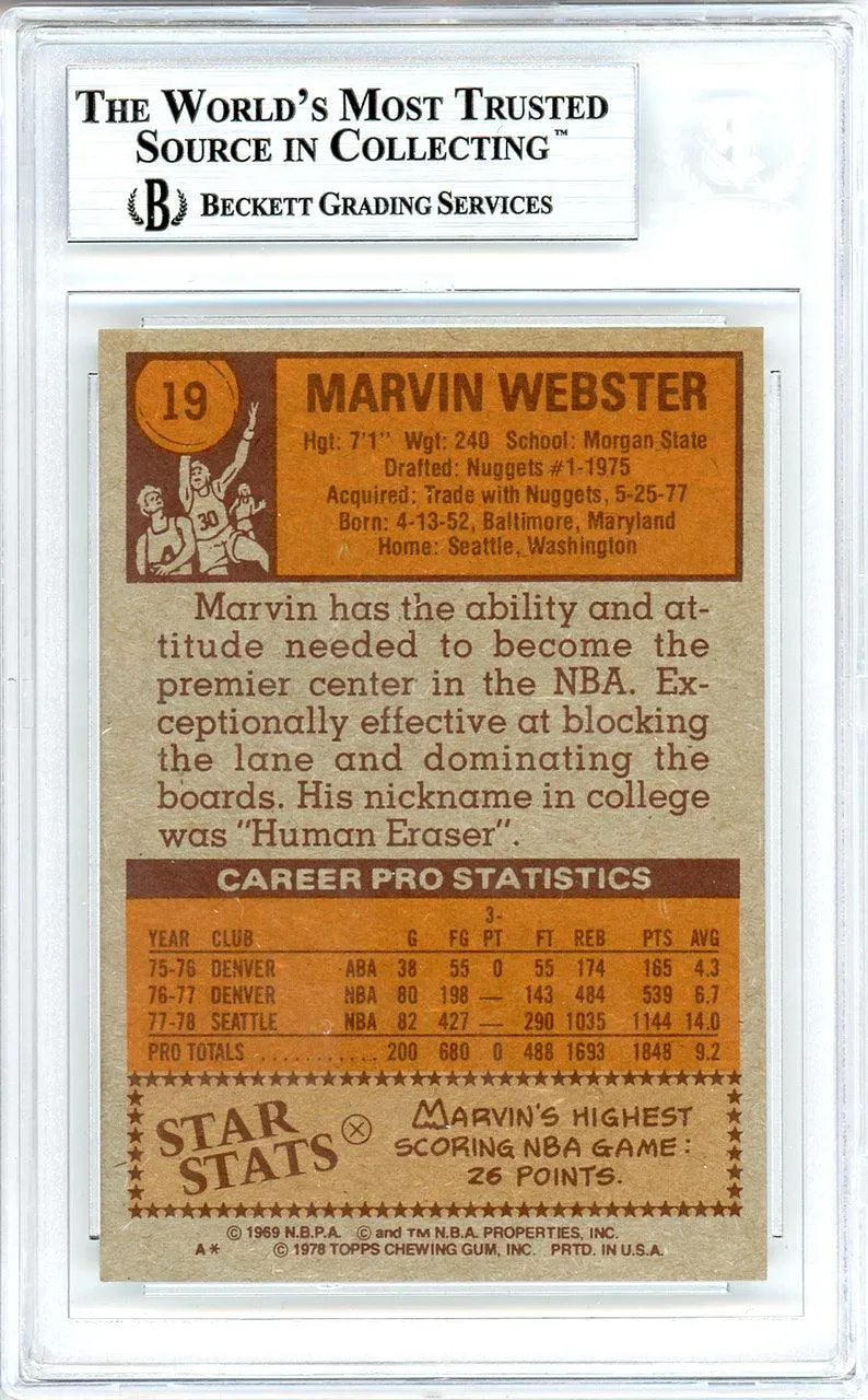 Marvin Webster Autographed 1978-79 Topps Card #19 Seattle Supersonics Beckett BAS #10712266