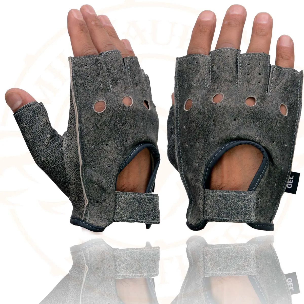 Milwaukee Leather MG7557 Men's Grey Leather Gel Padded Palm Fingerless Motorcycle Hand Gloves W/ Breathable ‘Open Knuckle’