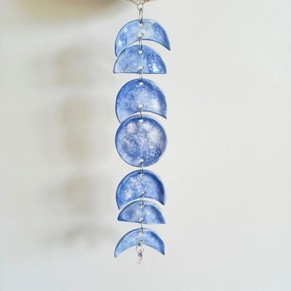 Moon Phase, Silver Chain & Clear Pendant Hanging Lantern - Blue Tie-dye Gradient