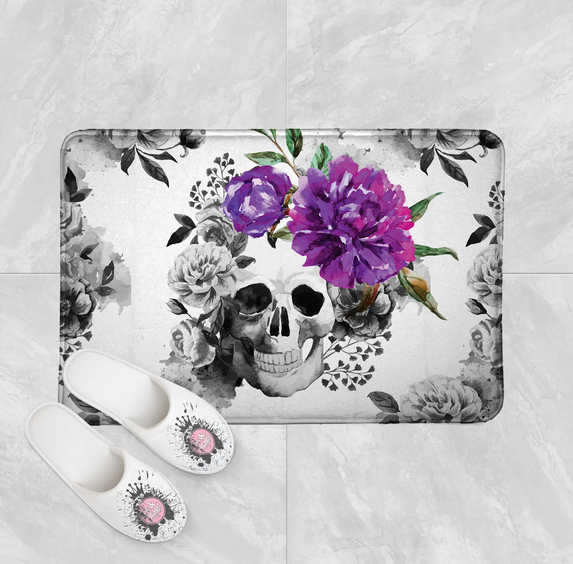 Purple Watercolor Flower and Skull Shower Curtains and Optional Bath Mats