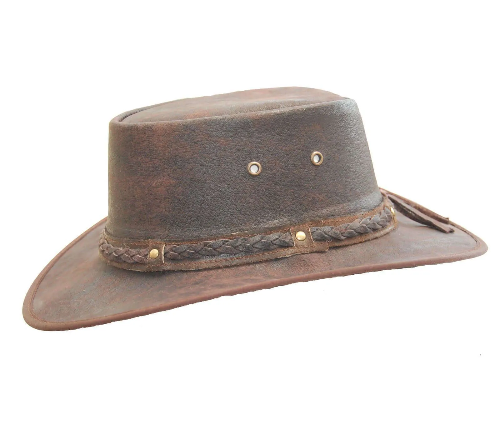 Real Distressed Leather Foldaway Crushable Australian-Style  Bush Hat Brown