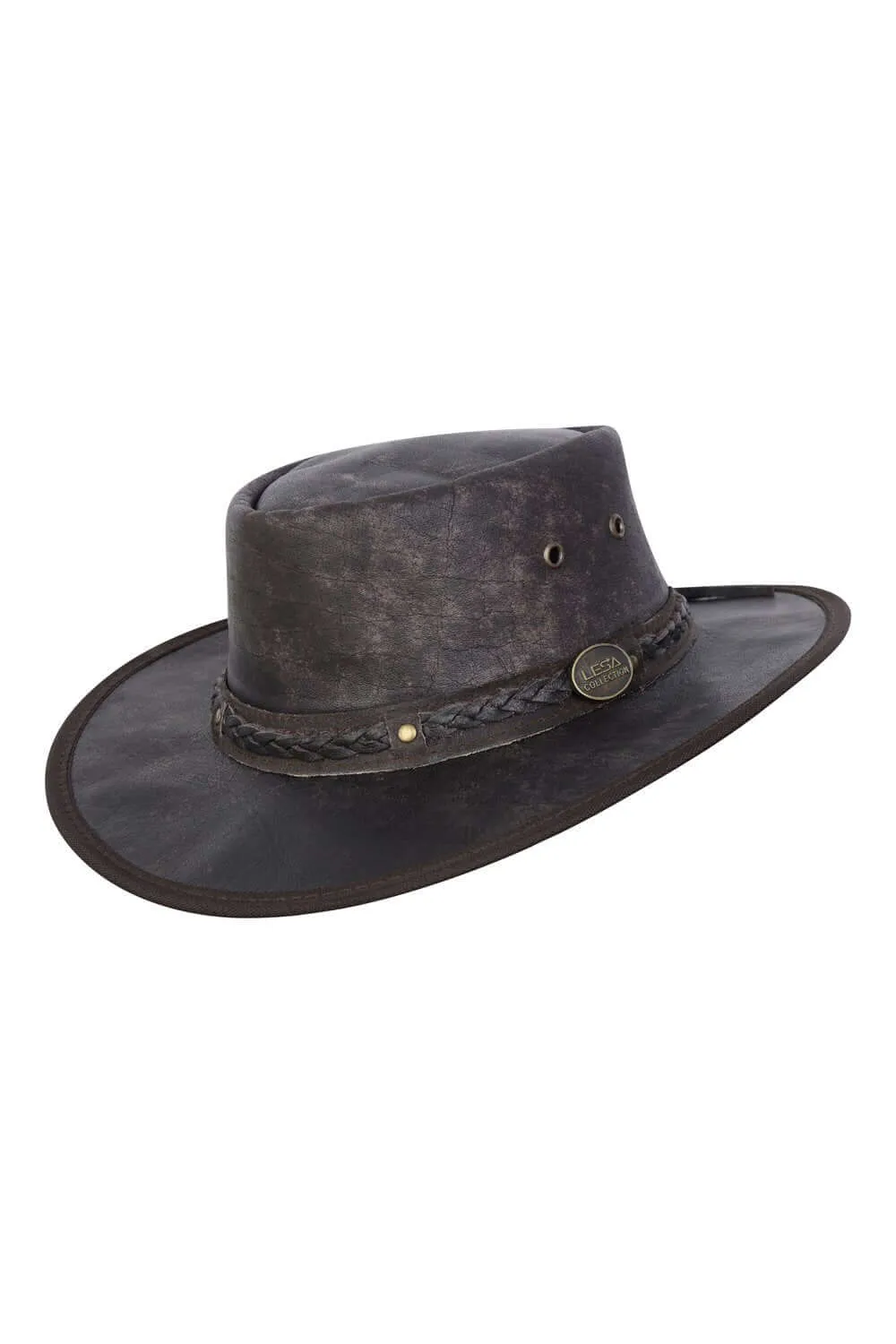 Real Distressed Leather Foldaway Crushable Australian-Style  Bush Hat Brown