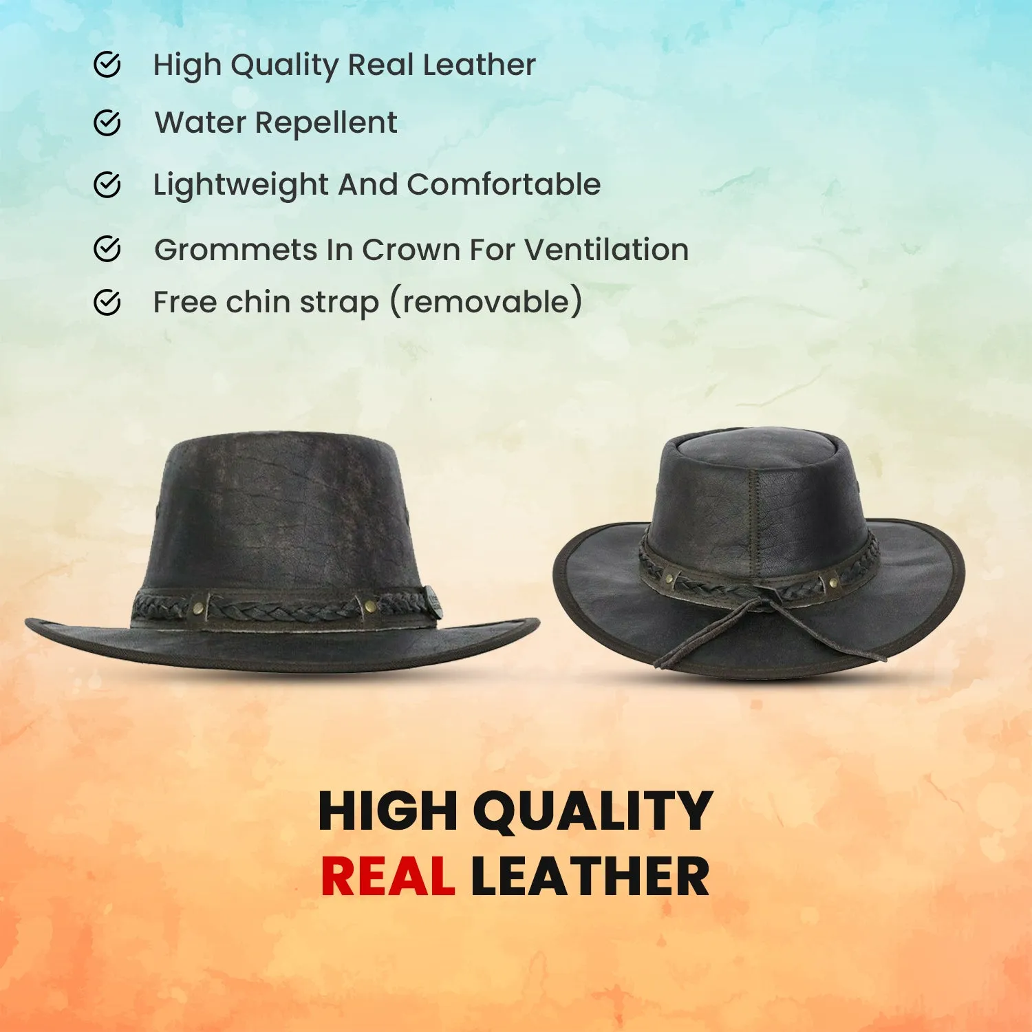 Real Distressed Leather Foldaway Crushable Australian-Style  Bush Hat Brown