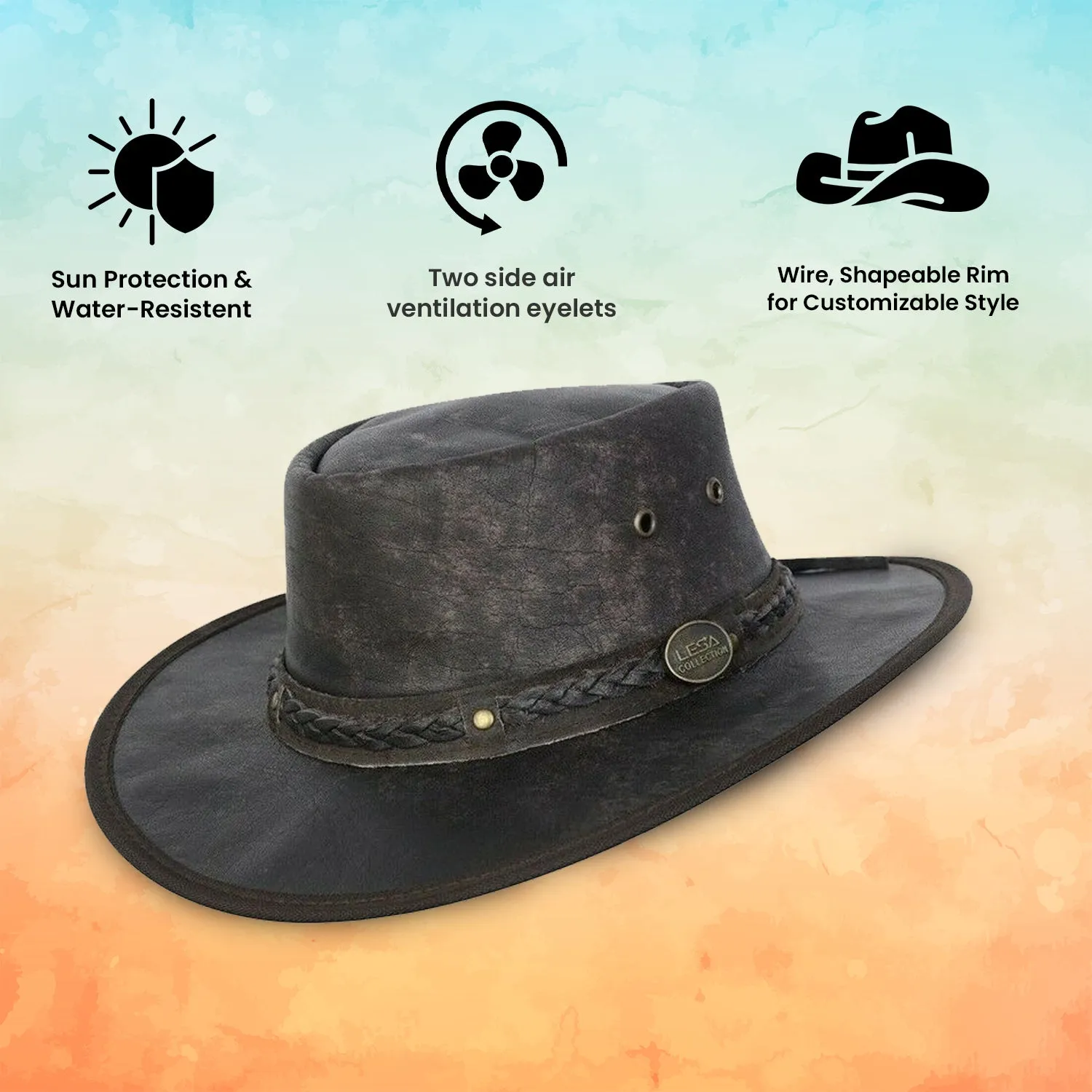 Real Distressed Leather Foldaway Crushable Australian-Style  Bush Hat Brown