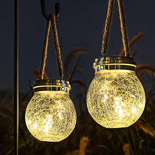 ROSHWEY Solar Lantern, 2 Pack Garden Decor Lights Waterproof Outdoor Lanterns with 30 LED Christmas Halloween Decorations Solar Lights Patio Hanging Lights for Backyard Fence Pathway, Warm White