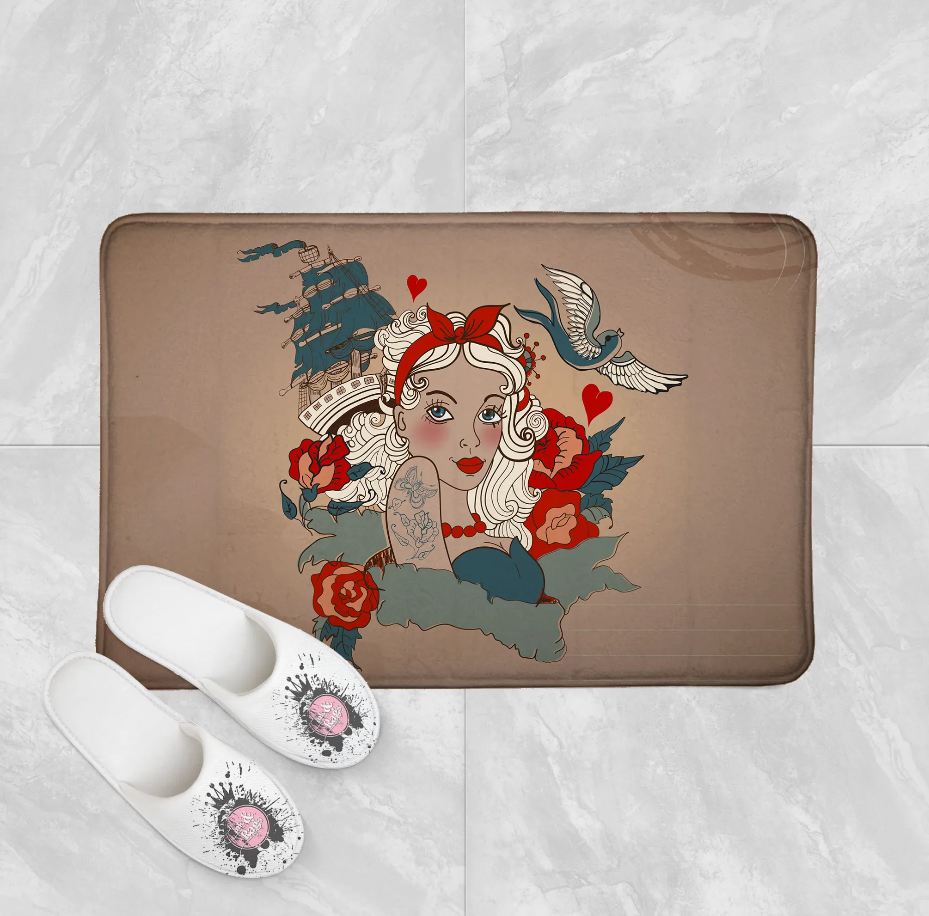 Sailor Sally Rockabilly Shower Curtains and Optional Bath Mats