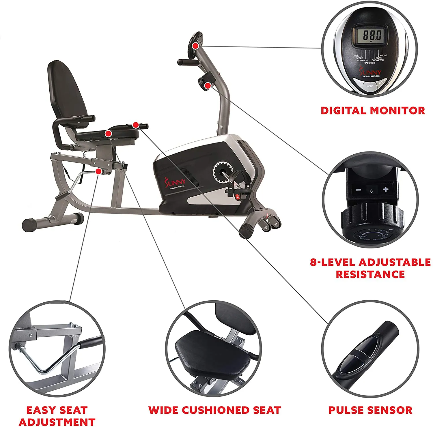 Sunny Health & Fitness Magnetic Recumbent Exercise Bike, Pulse Rate Monitoring, 300 lb Capacity, Digital Monitor and Quick Adjustable Seat | SF-RB4616