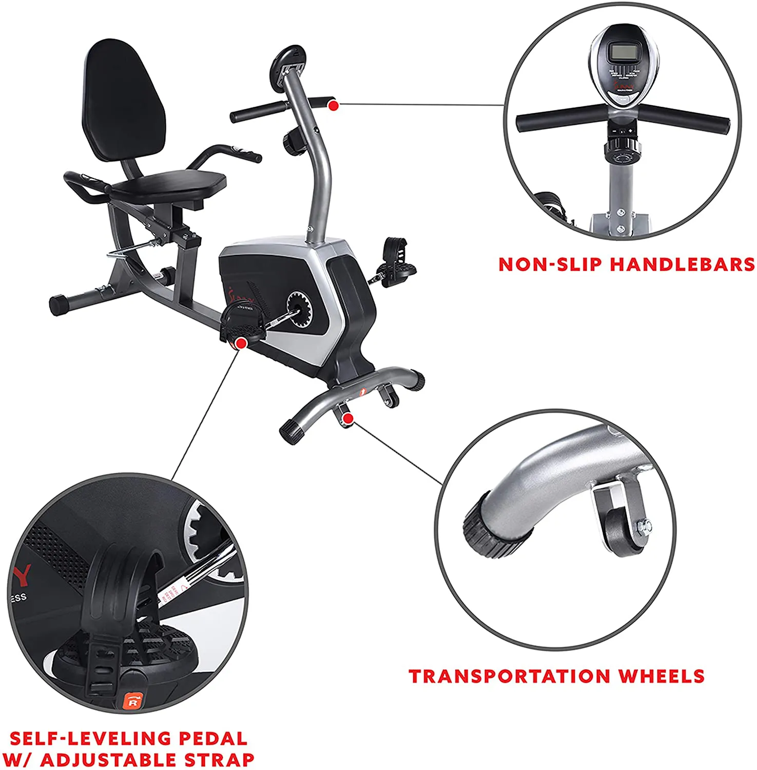 Sunny Health & Fitness Magnetic Recumbent Exercise Bike, Pulse Rate Monitoring, 300 lb Capacity, Digital Monitor and Quick Adjustable Seat | SF-RB4616