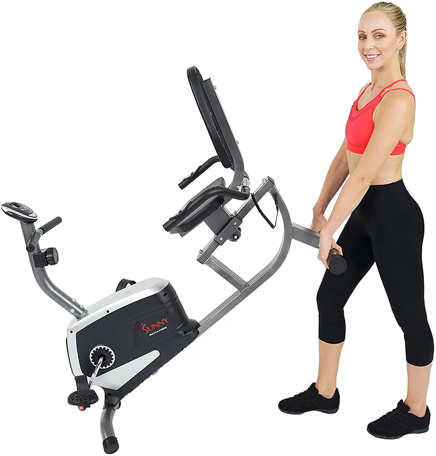 Sunny Health & Fitness Magnetic Recumbent Exercise Bike, Pulse Rate Monitoring, 300 lb Capacity, Digital Monitor and Quick Adjustable Seat | SF-RB4616