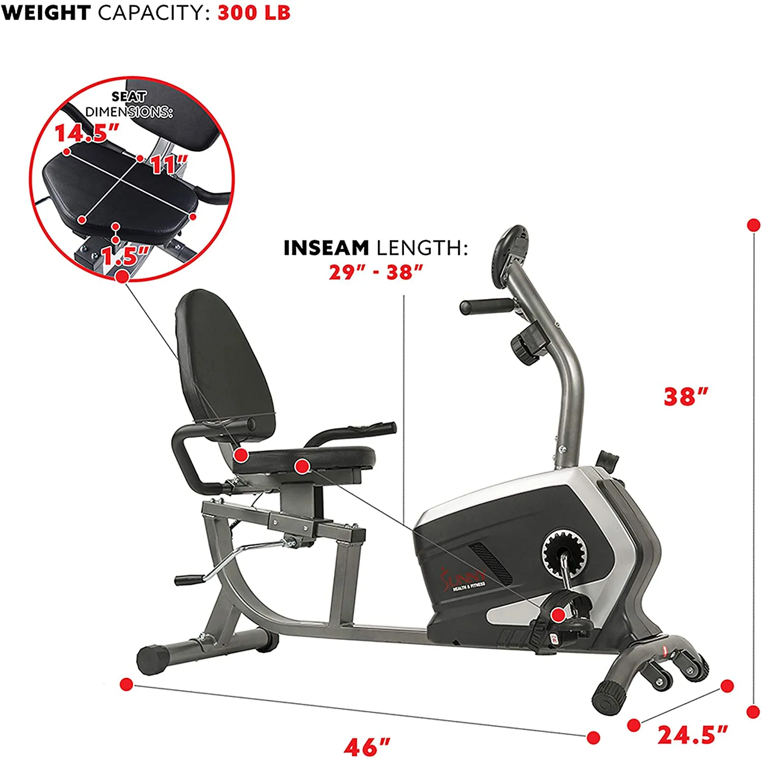 Sunny Health & Fitness Magnetic Recumbent Exercise Bike, Pulse Rate Monitoring, 300 lb Capacity, Digital Monitor and Quick Adjustable Seat | SF-RB4616