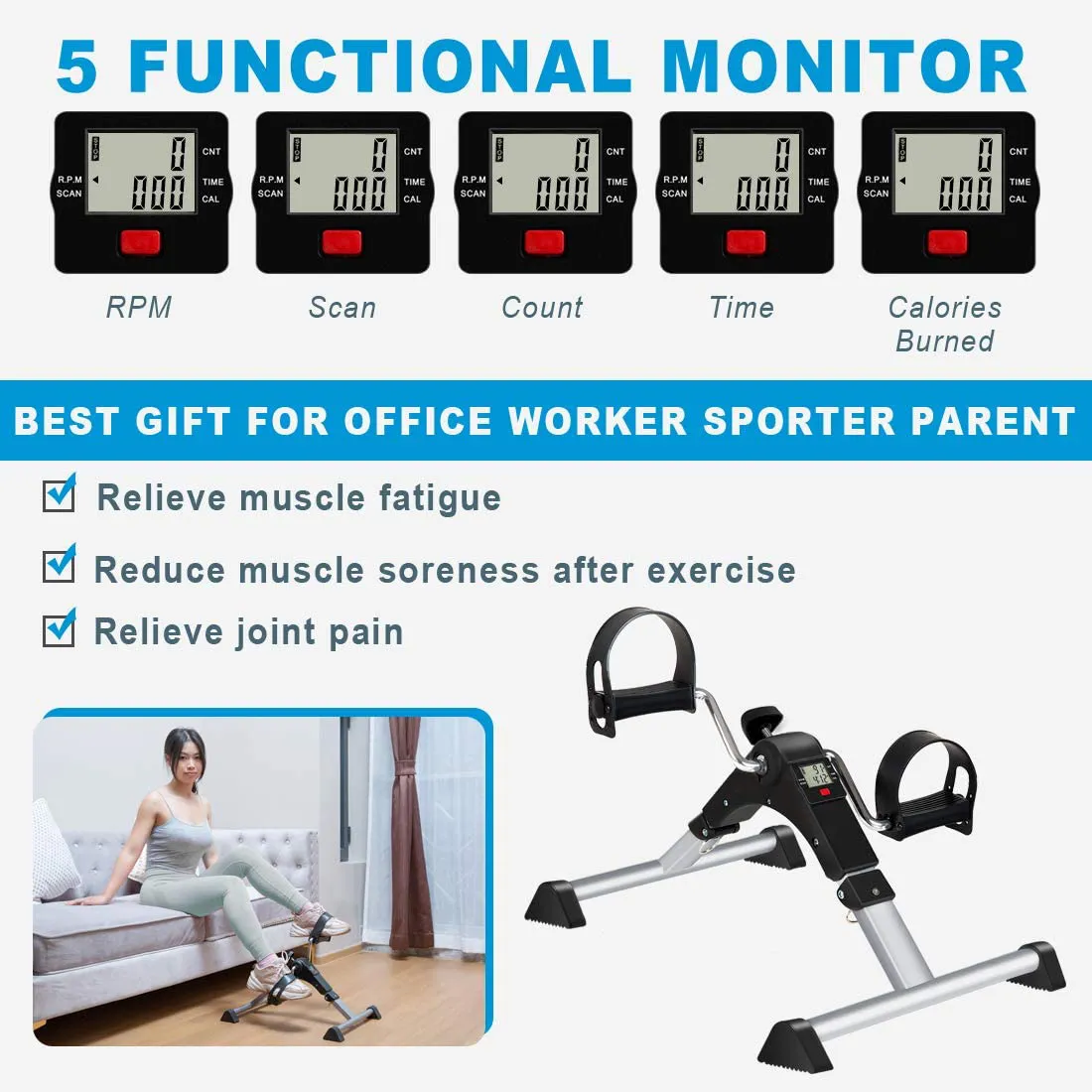 TABEKE Pedal Exerciser Under Desk Bike - Folding Pedal Exerciser for Arm/Leg Workout, Portable Desk Bike Peddler Exerciser with LCD Display